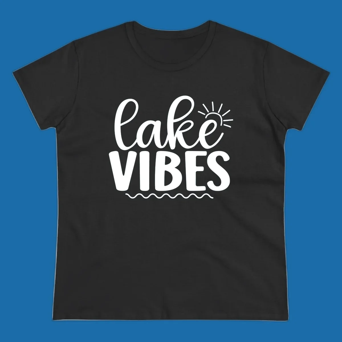 White text 'lake VIBES' with sun and wavy lines, for lake-day apparel.