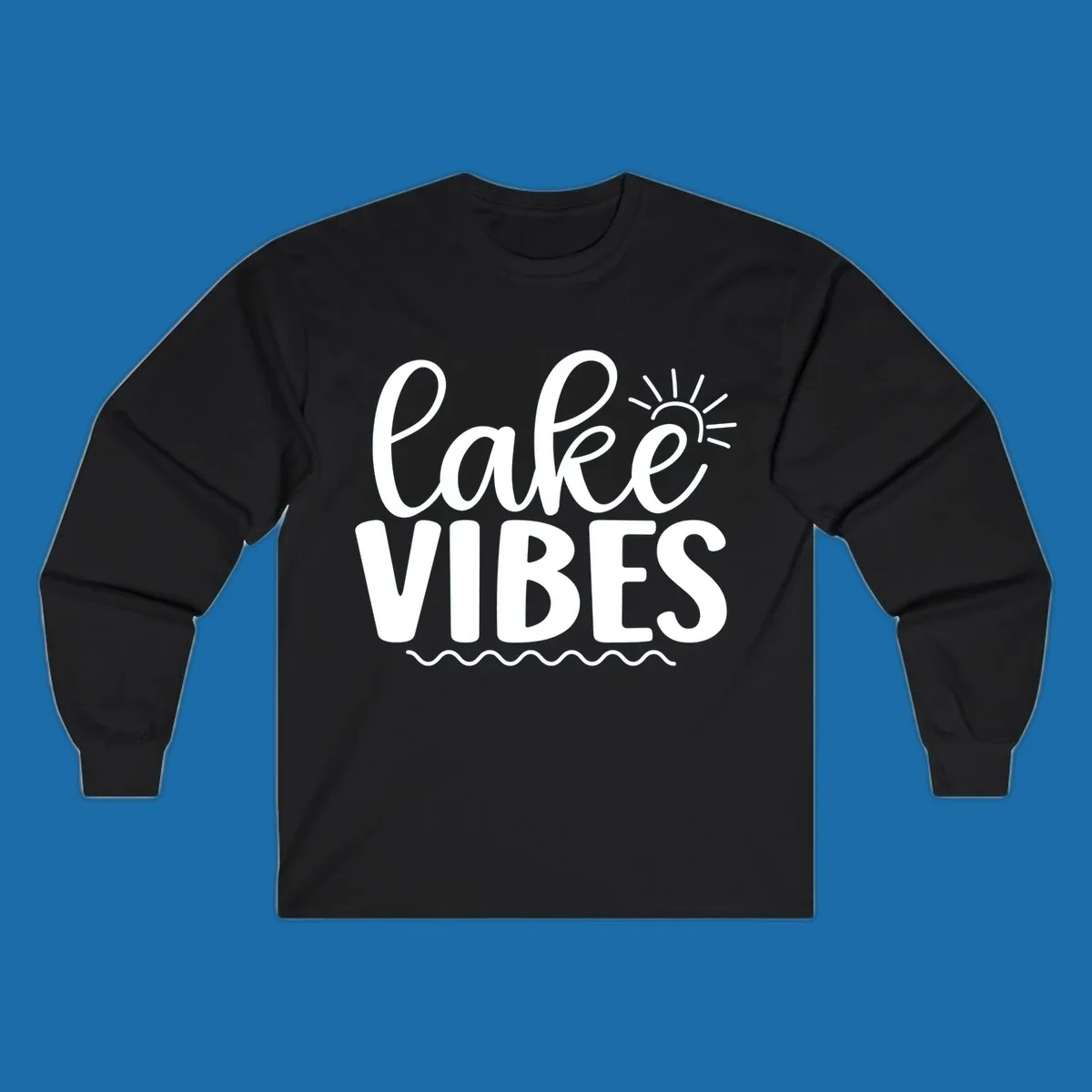 White text 'lake VIBES' with sun and wavy lines, for lake-day apparel.