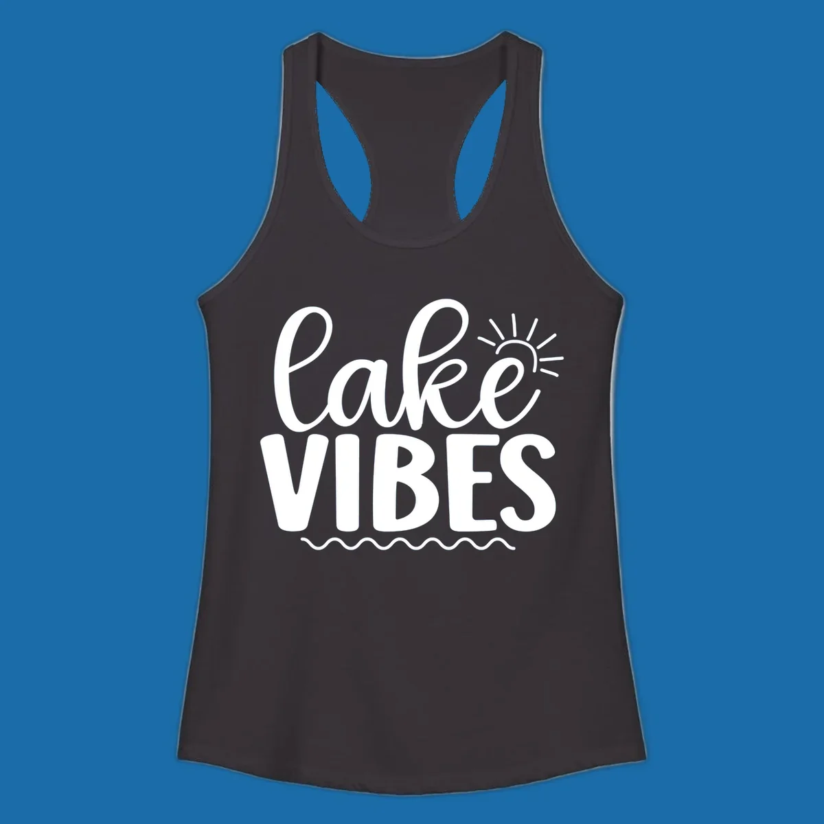 White text 'lake VIBES' with sun and wavy lines, for lake-day apparel.
