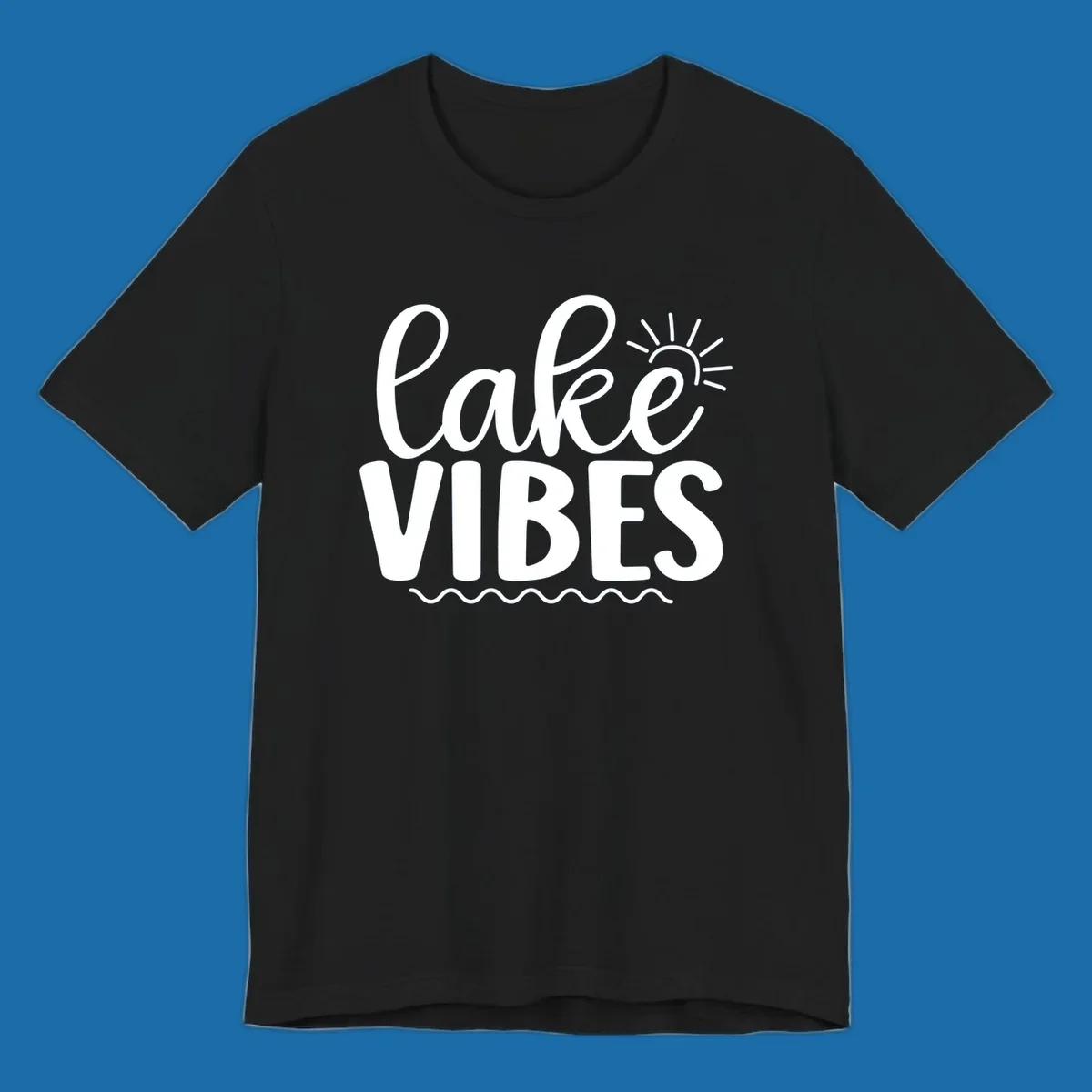 White text 'lake VIBES' with sun and wavy lines, for lake-day apparel.