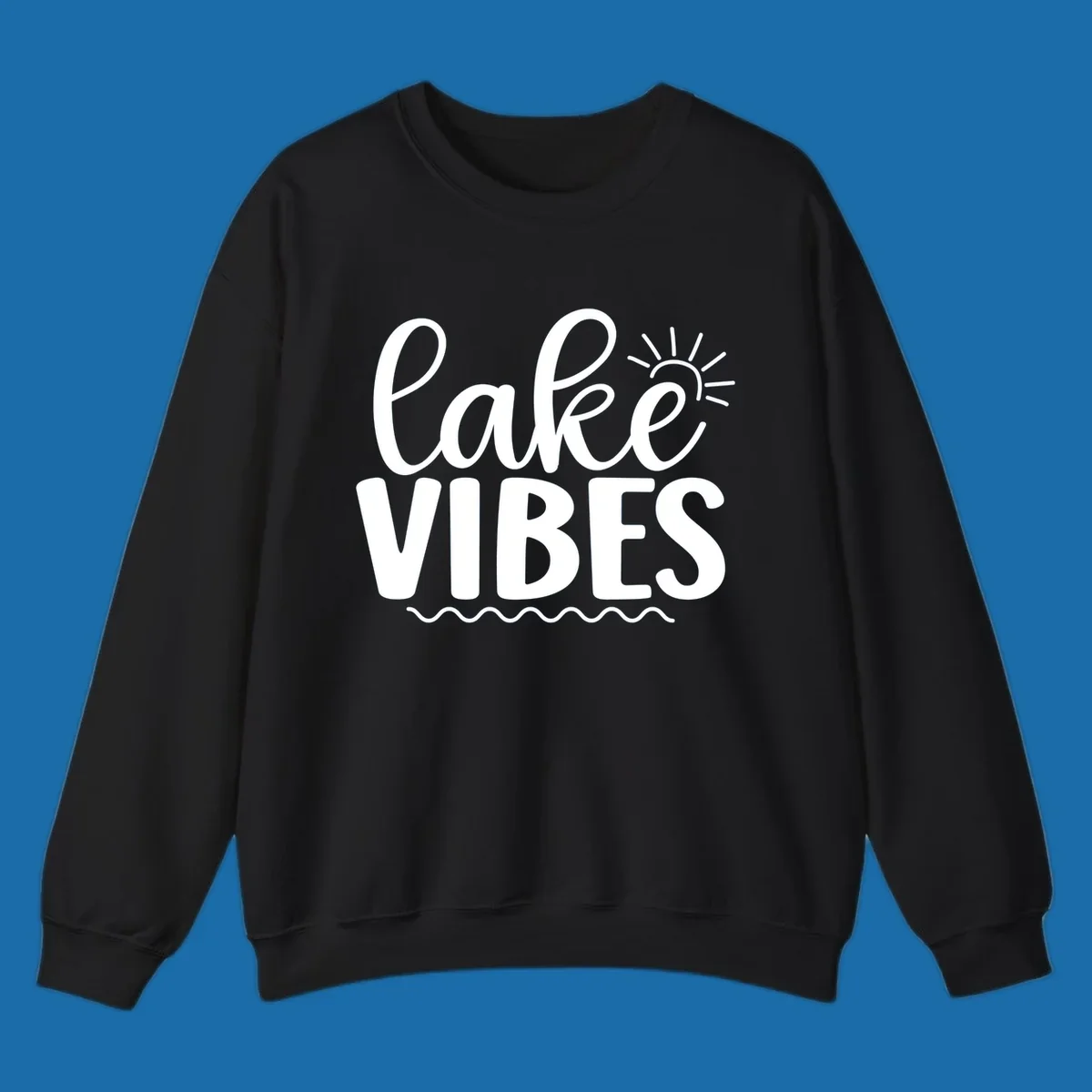 White text 'lake VIBES' with sun and wavy lines, for lake-day apparel.