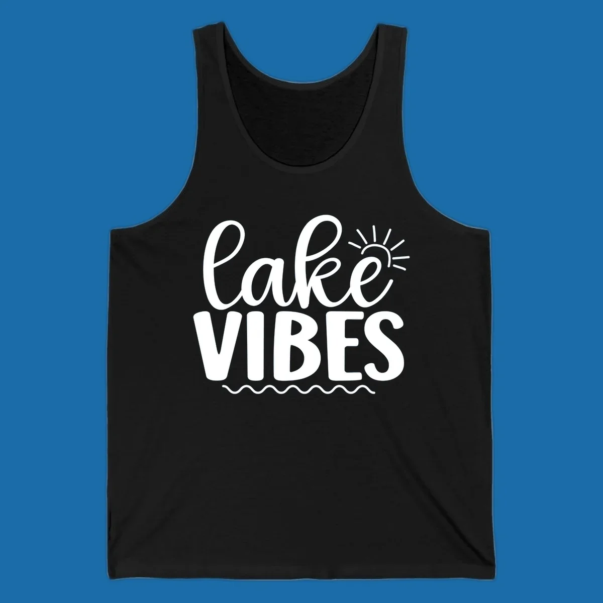 White text 'lake VIBES' with sun and wavy lines, for lake-day apparel.