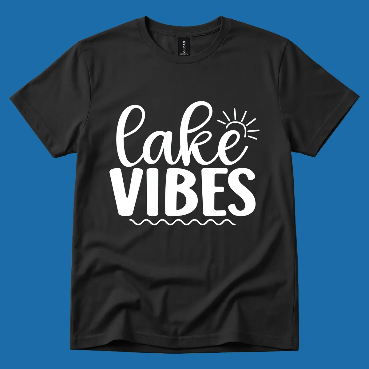 White text 'lake VIBES' with sun and wavy lines, for lake-day apparel.
