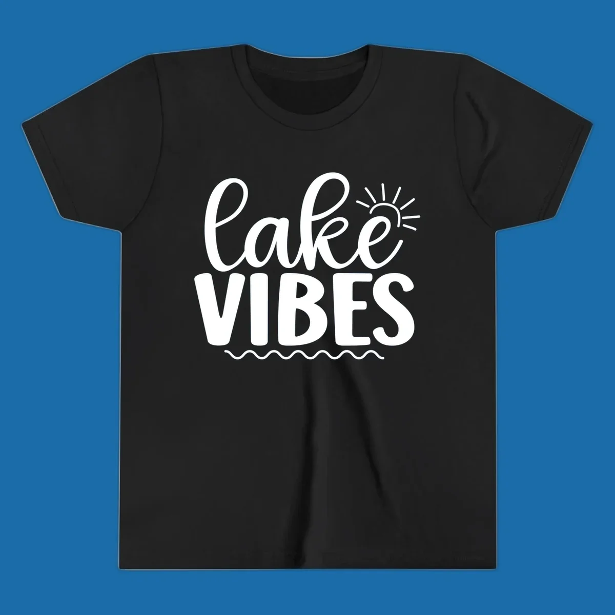 White text 'lake VIBES' with sun and wavy lines, for lake-day apparel.