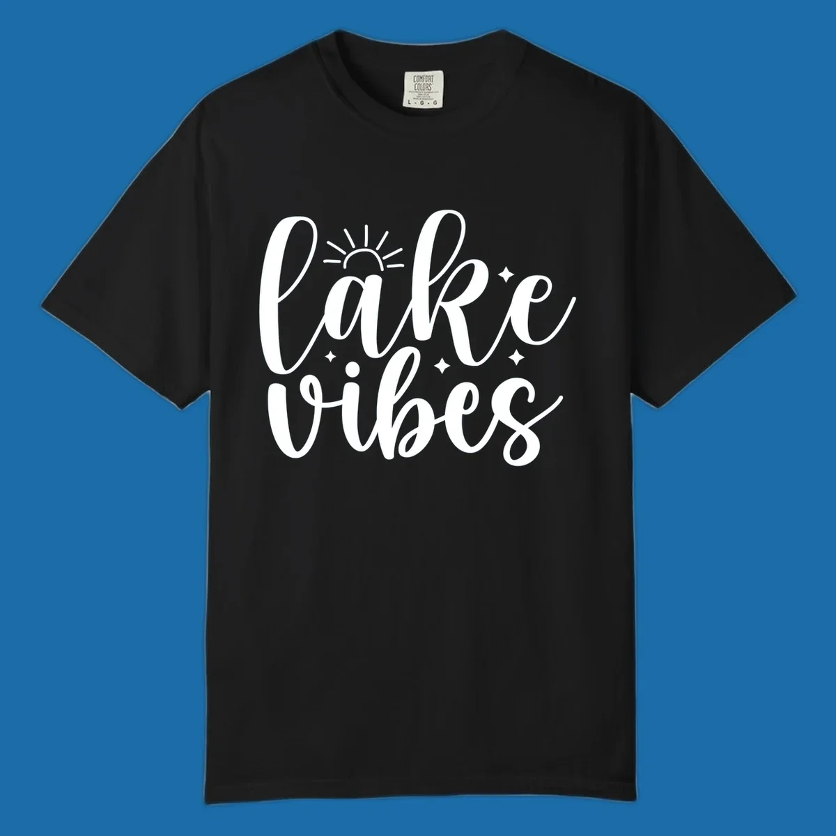 White script text 'lake vibes' with sun and stars graphic, perfect for lake life.