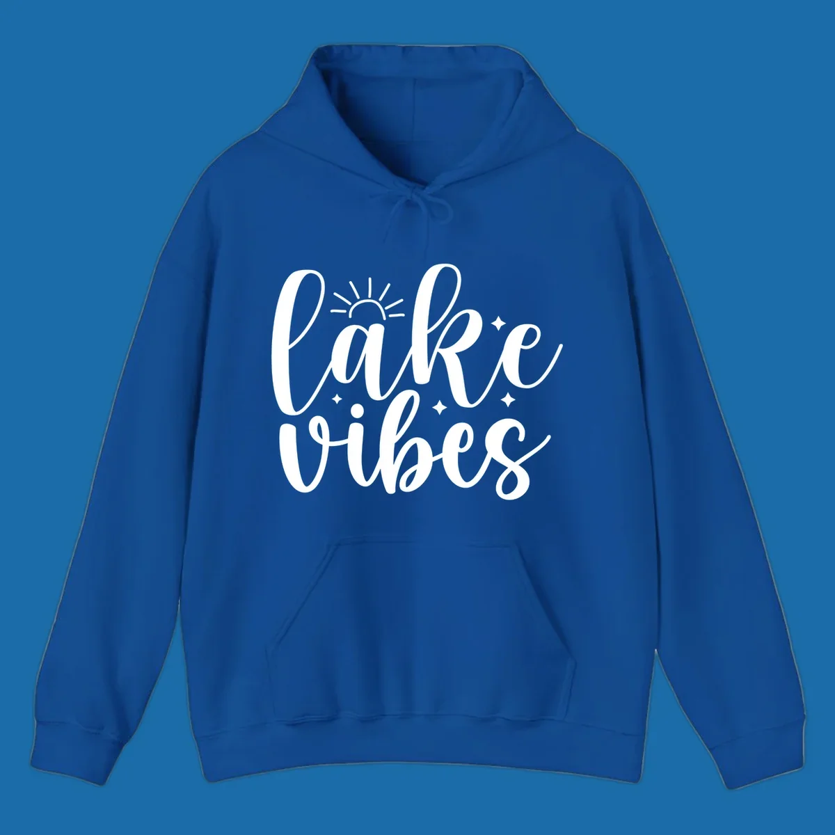 White script text 'lake vibes' with sun and stars graphic, perfect for lake life.