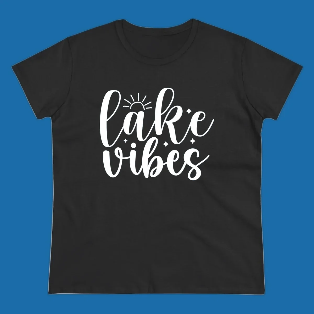 White script text 'lake vibes' with sun and stars graphic, perfect for lake life.