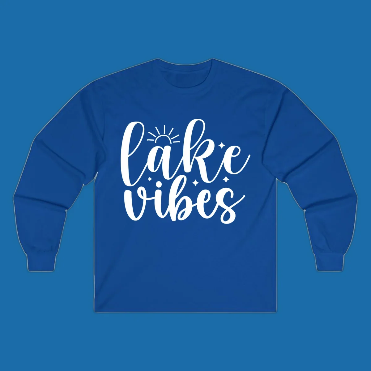 White script text 'lake vibes' with sun and stars graphic, perfect for lake life.