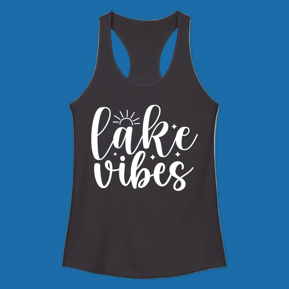 White script text 'lake vibes' with sun and stars graphic, perfect for lake life.