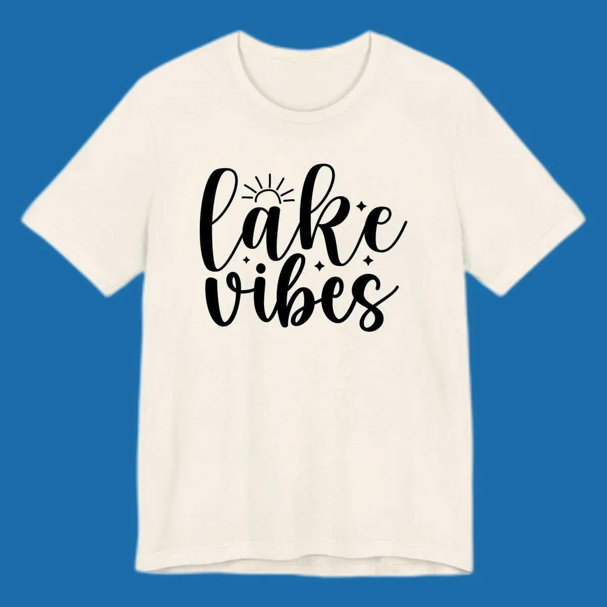 White script text 'lake vibes' with sun and stars graphic, perfect for lake life.