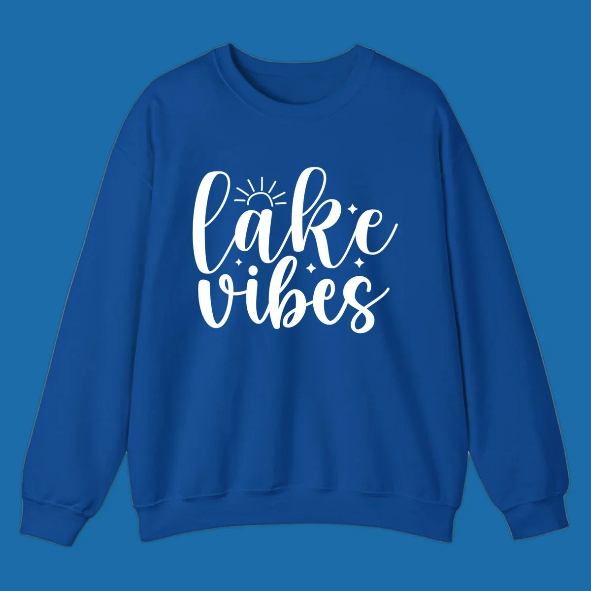 White script text 'lake vibes' with sun and stars graphic, perfect for lake life.