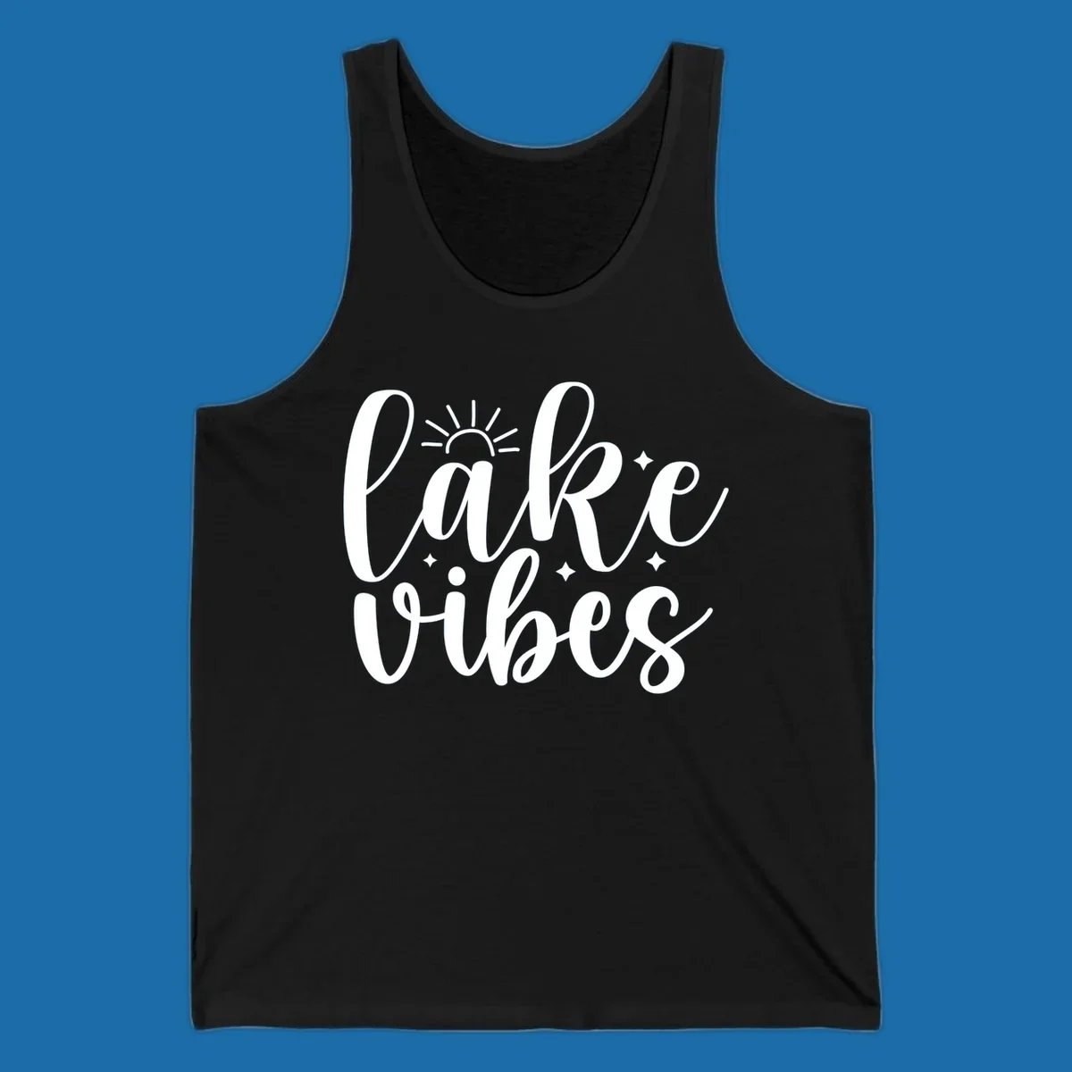 White script text 'lake vibes' with sun and stars graphic, perfect for lake life.