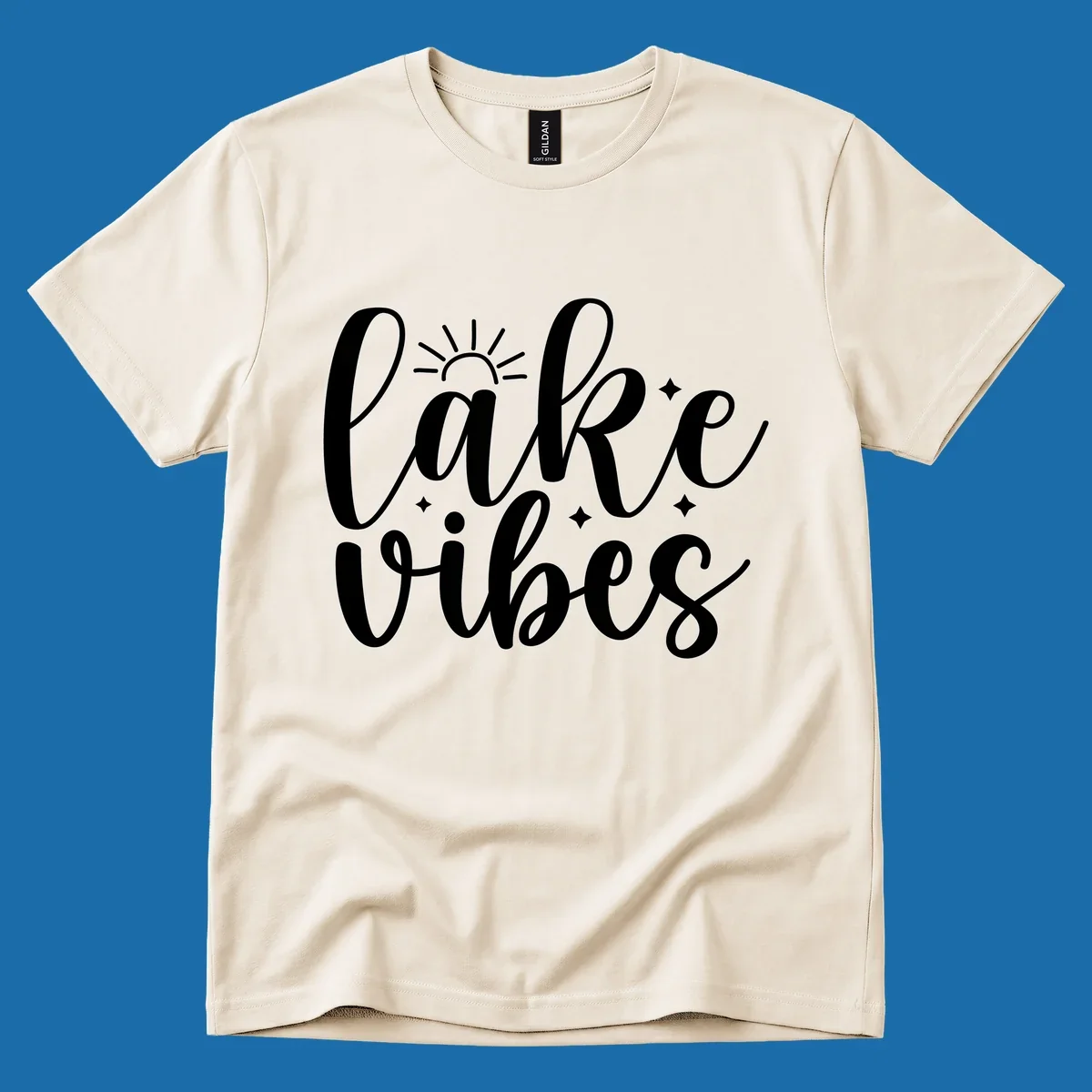 White script text 'lake vibes' with sun and stars graphic, perfect for lake life.