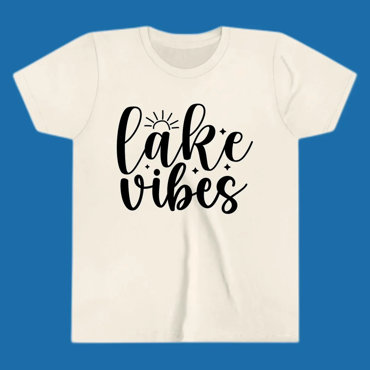 White script text 'lake vibes' with sun and stars graphic, perfect for lake life.