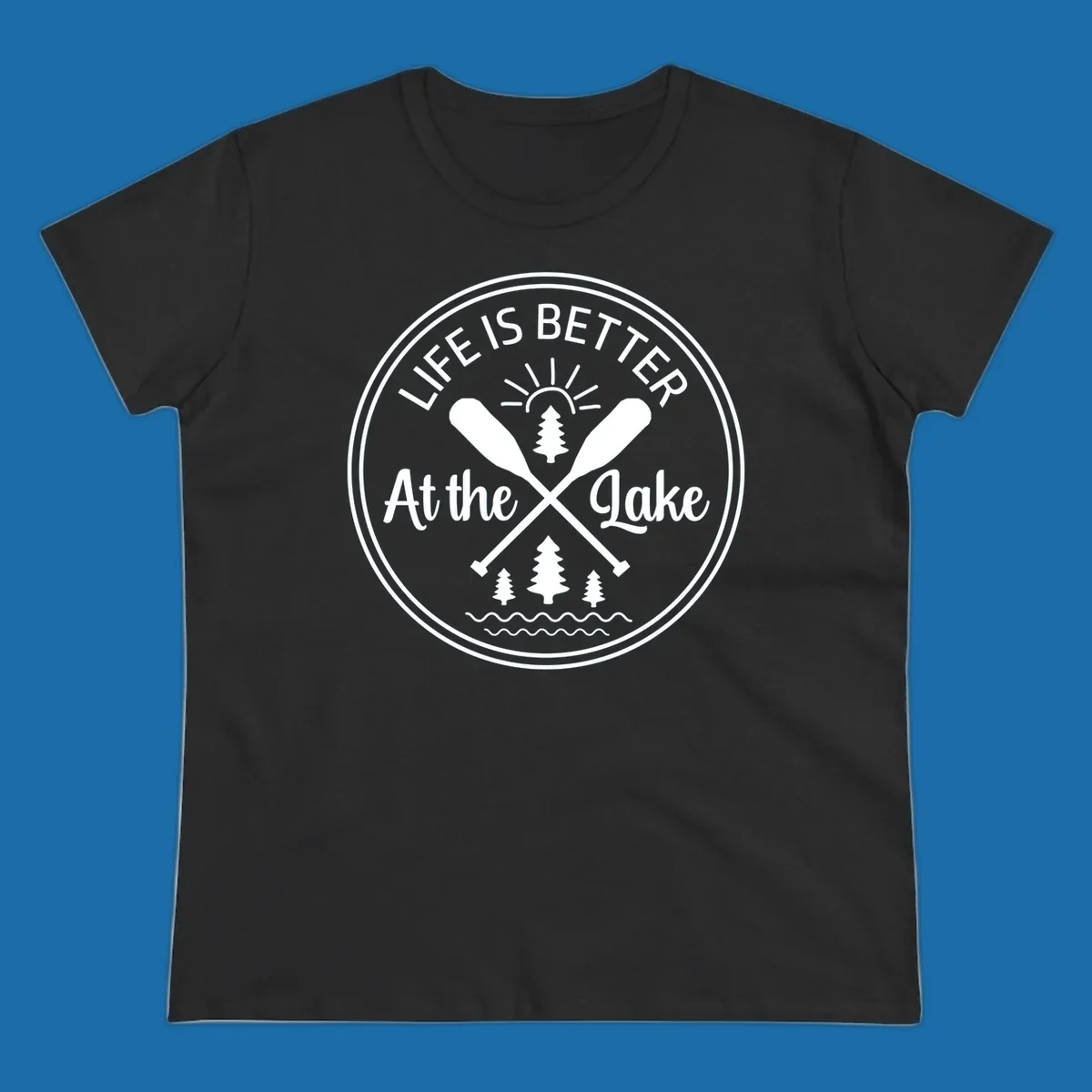 Life is better at the lake circular badge with oars, trees, sun, and waves.