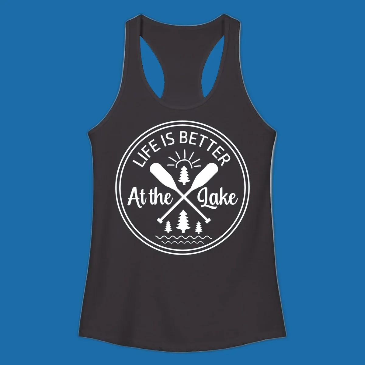 Life is better at the lake circular badge with oars, trees, sun, and waves.