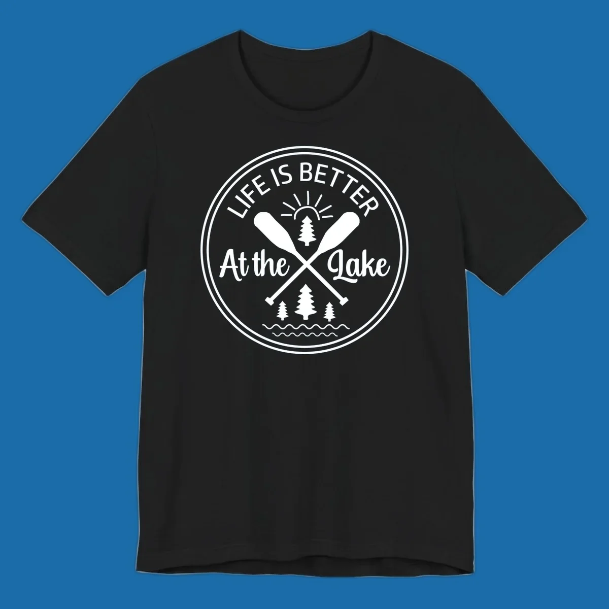 Life is better at the lake circular badge with oars, trees, sun, and waves.