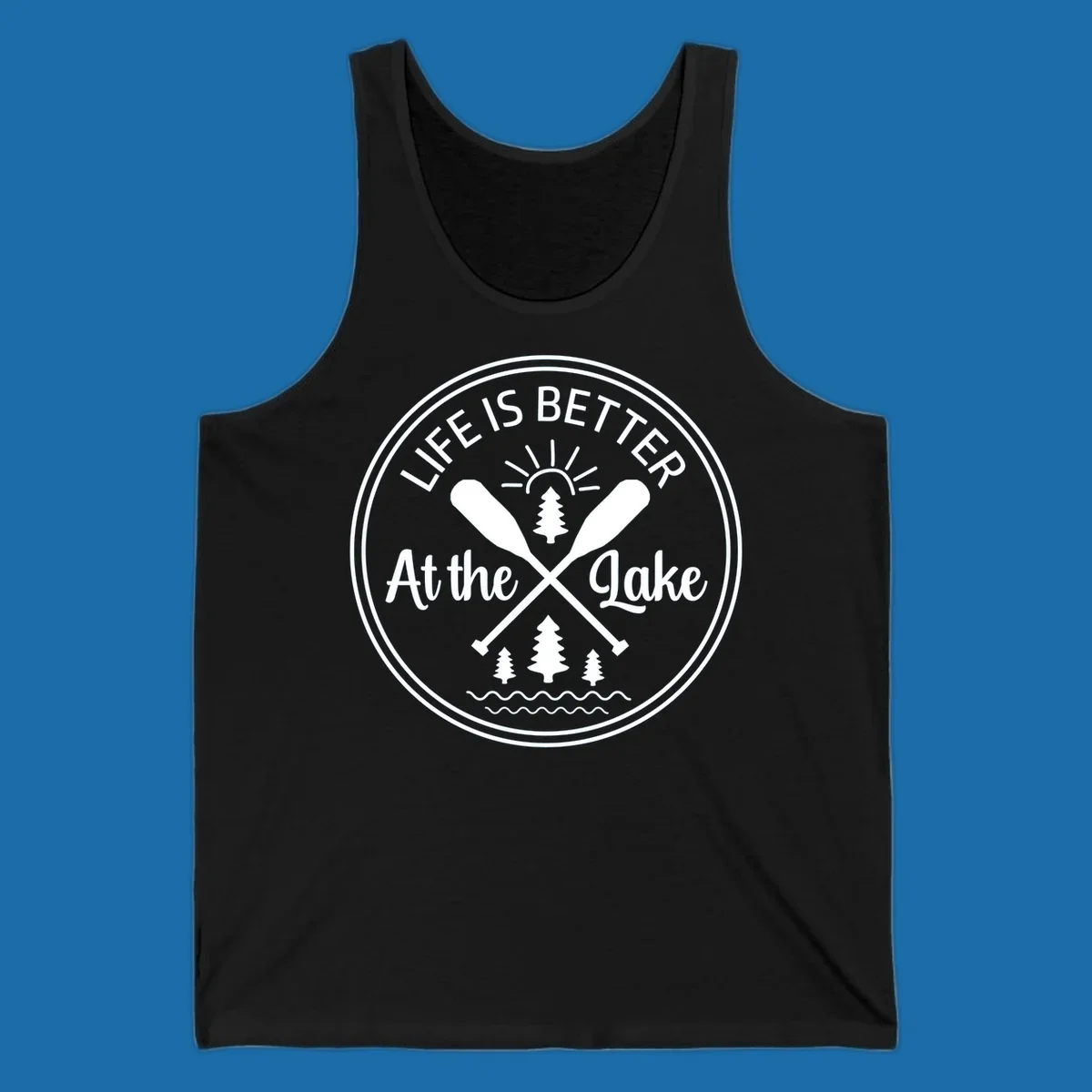Life is better at the lake circular badge with oars, trees, sun, and waves.