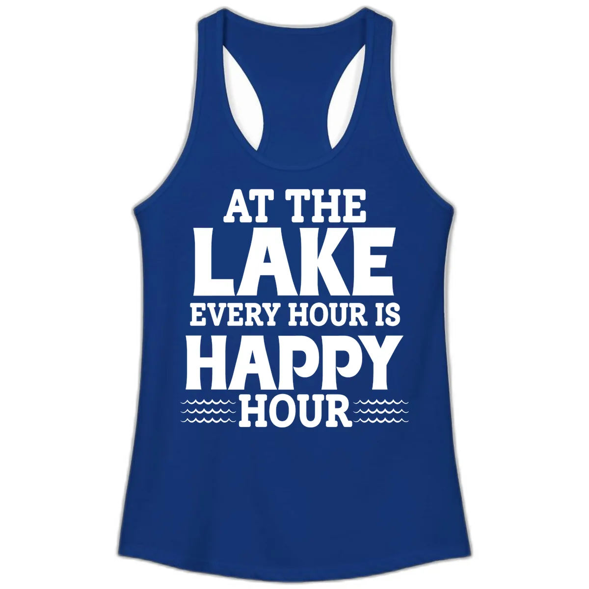 At The Lake Every Hour Is Happy Hour Ladies Tank in Solid Royal