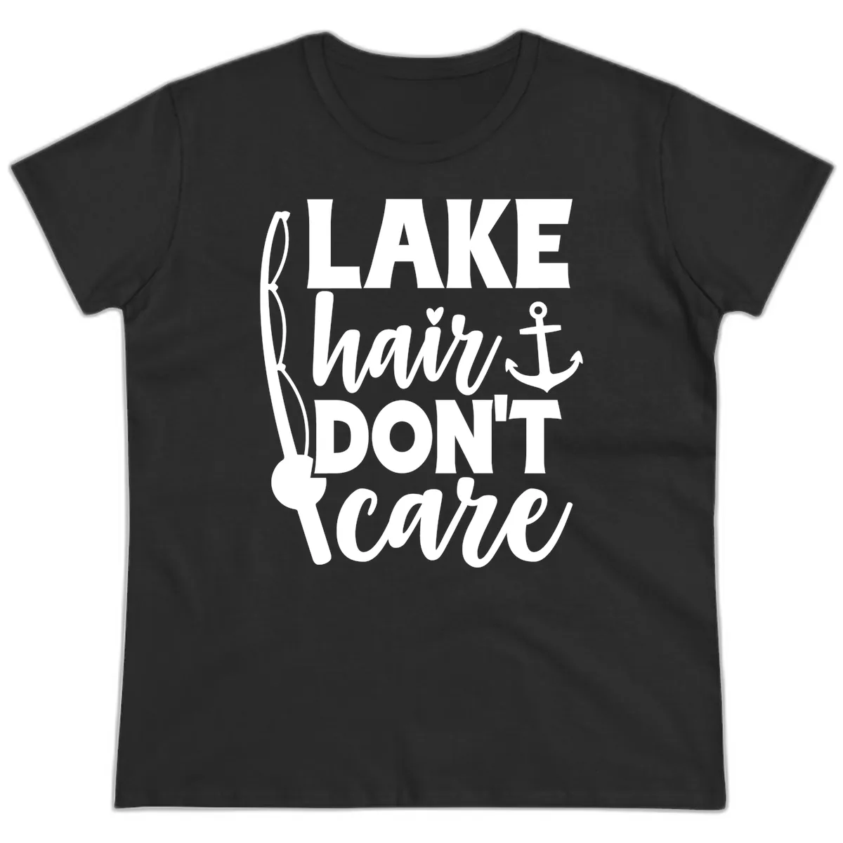 Lake Hair Don't Care Graphic Design Ladies Tee in Black