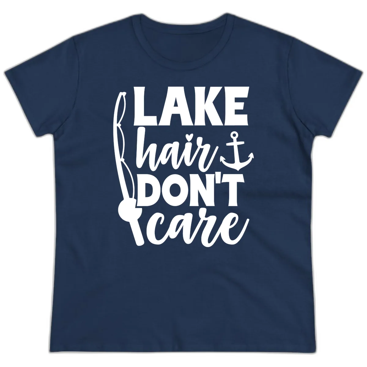 Lake Hair Don't Care Graphic Design Ladies Tee in Navy