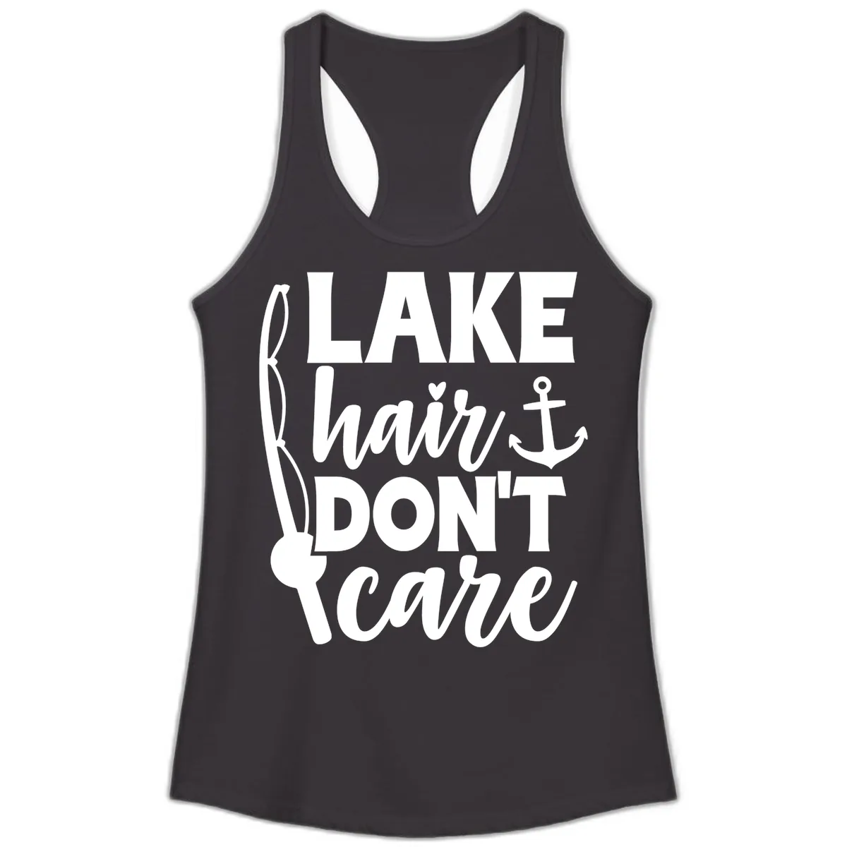 Lake Hair Don't Care Graphic Design Ladies Tank in Black
