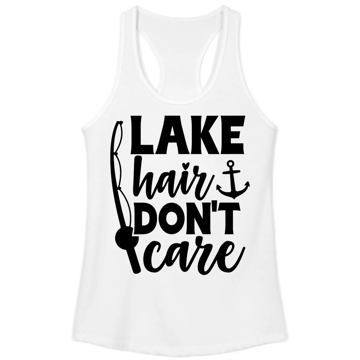 Lake Hair Don't Care Graphic Design Ladies Tank in White