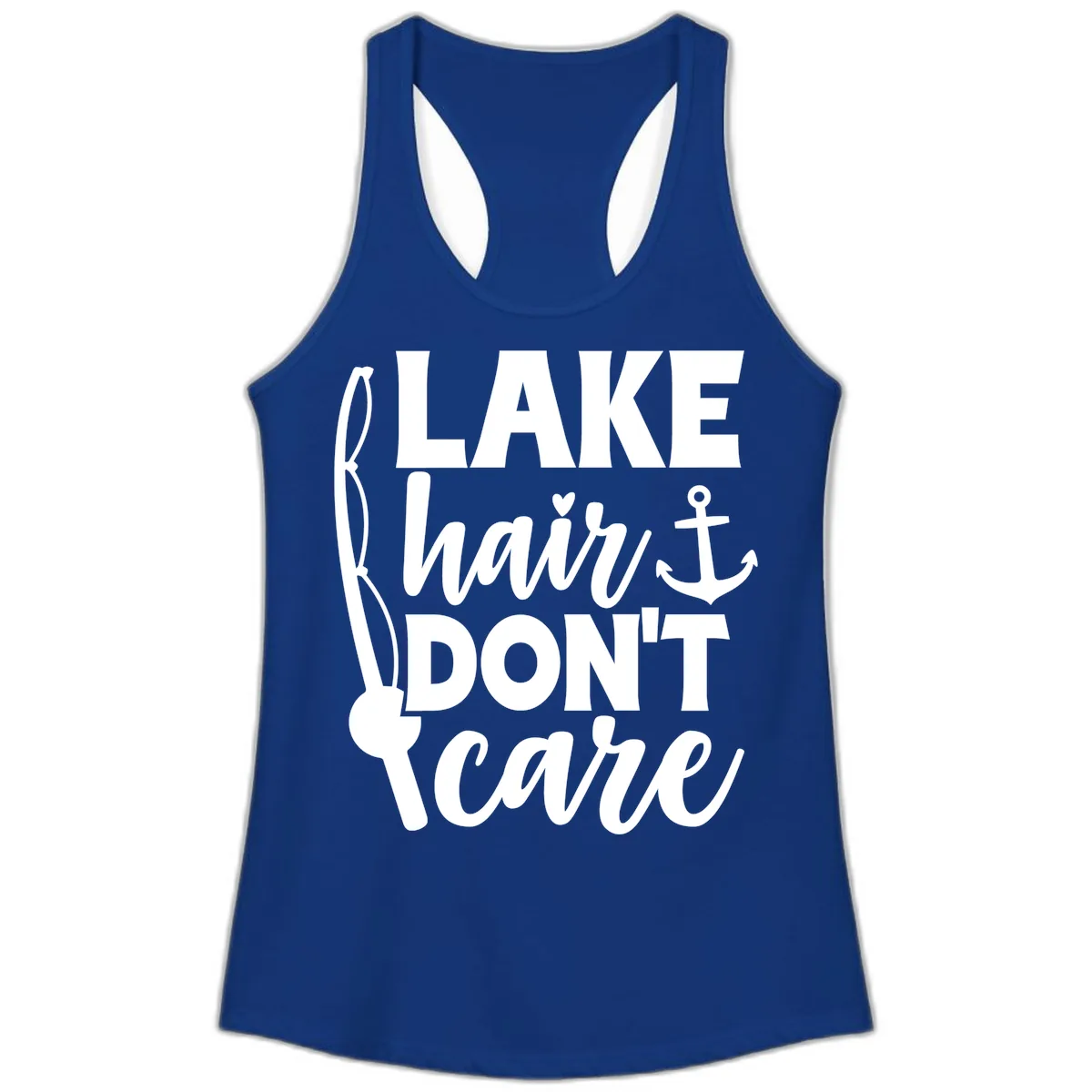 Lake Hair Don't Care Graphic Design Ladies Tank in Solid Royal