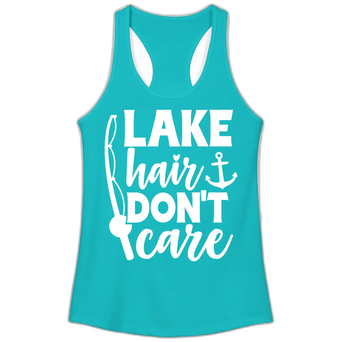 Lake Hair Don't Care Graphic Design Ladies Tank in Tahiti Blue