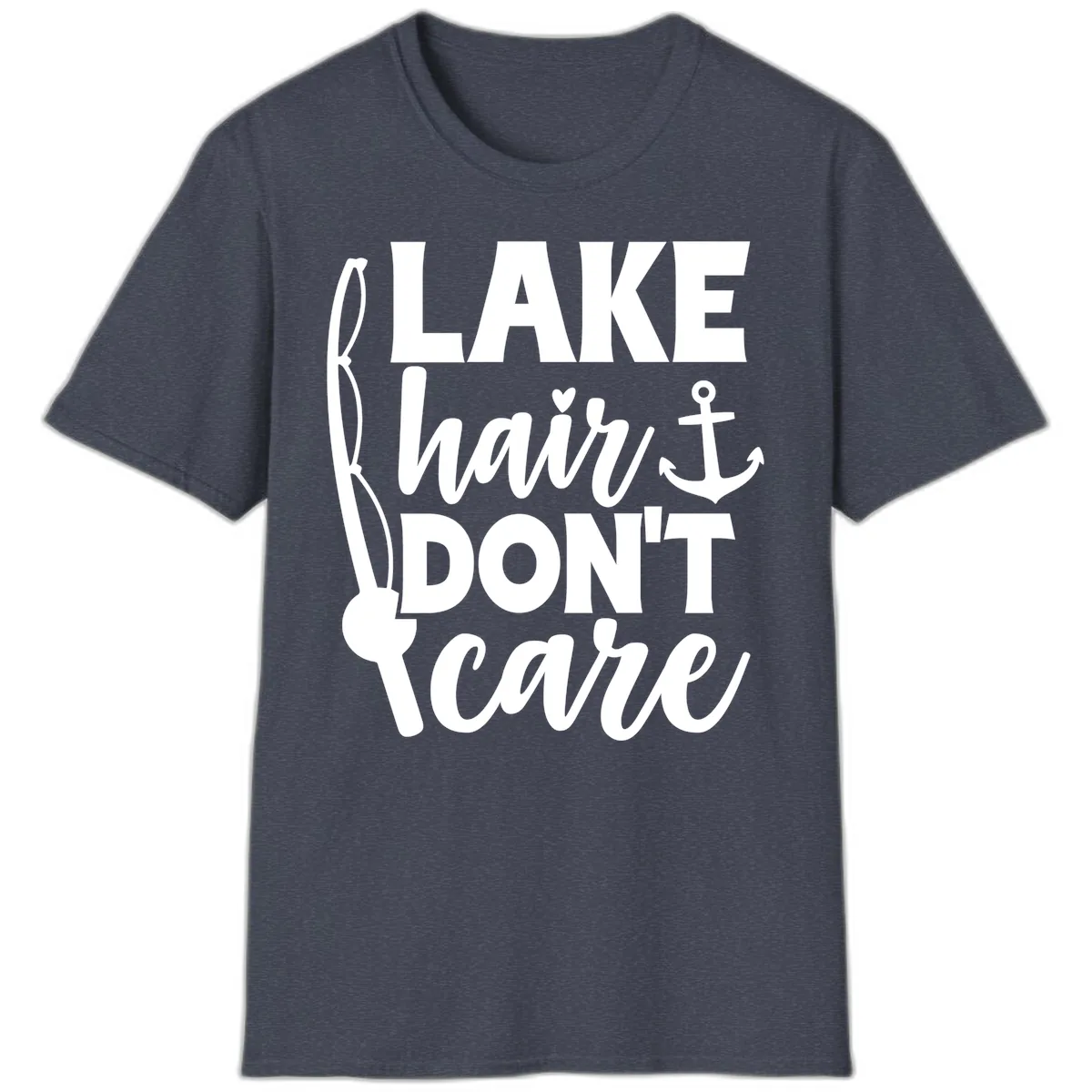 Lake Hair Don't Care Graphic Design T-Shirt in Heather Navy