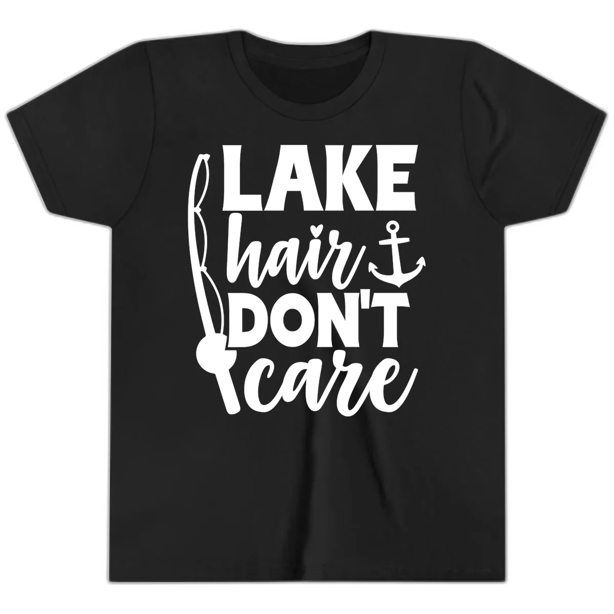 Lake Hair Don't Care Graphic Design Youth T-Shirt in Black