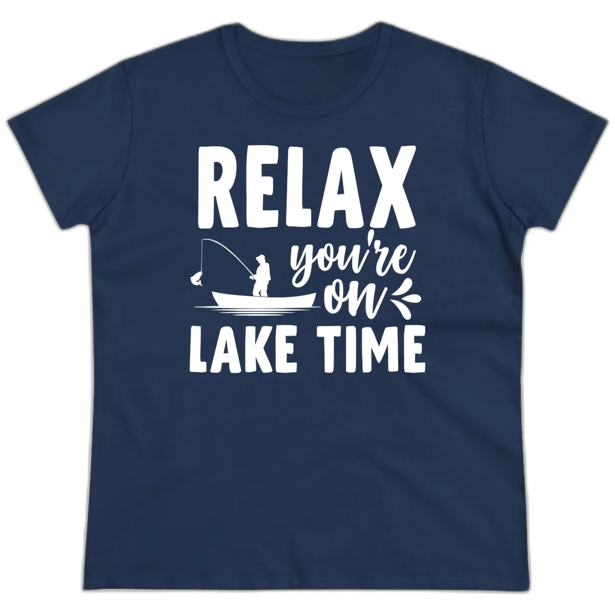 Relax You're On Lake Time Fishing Design Ladies Tee in Navy