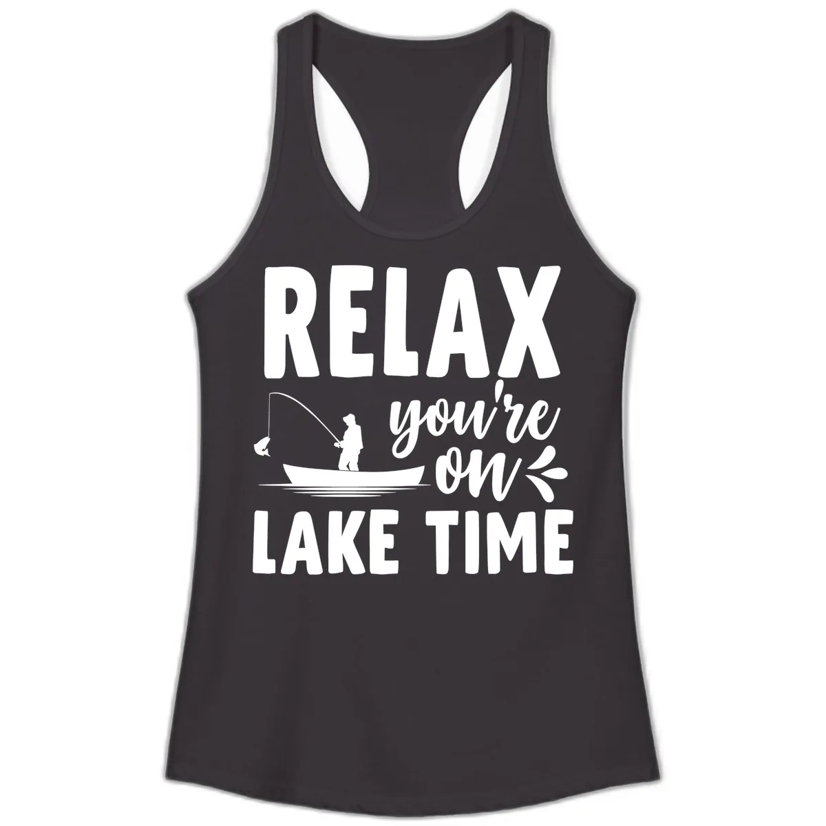 Relax You're On Lake Time Fishing Design Ladies Tank in Black