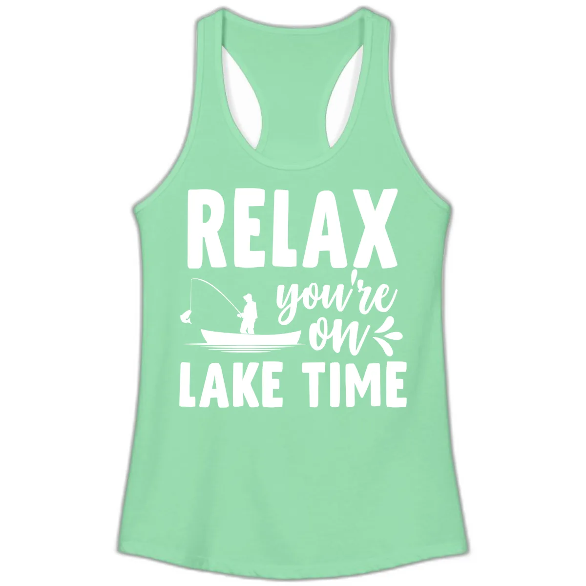 Relax You're On Lake Time Fishing Design Ladies Tank in Solid Mint