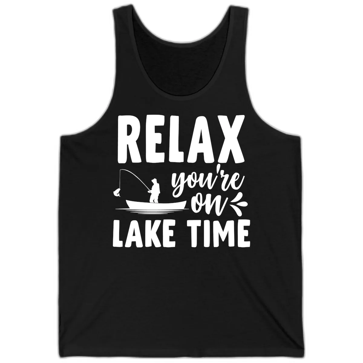 Relax You're On Lake Time Fishing Design Tank in Black