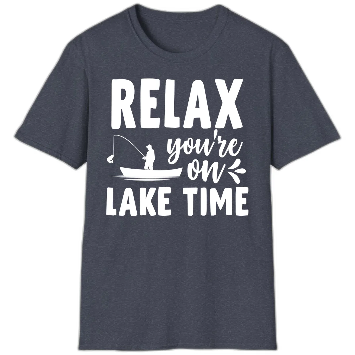 Relax You're On Lake Time Fishing Design T-Shirt in Heather Navy