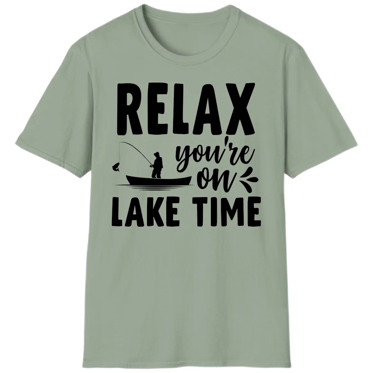 Relax You're On Lake Time Fishing Design T-Shirt in Sage