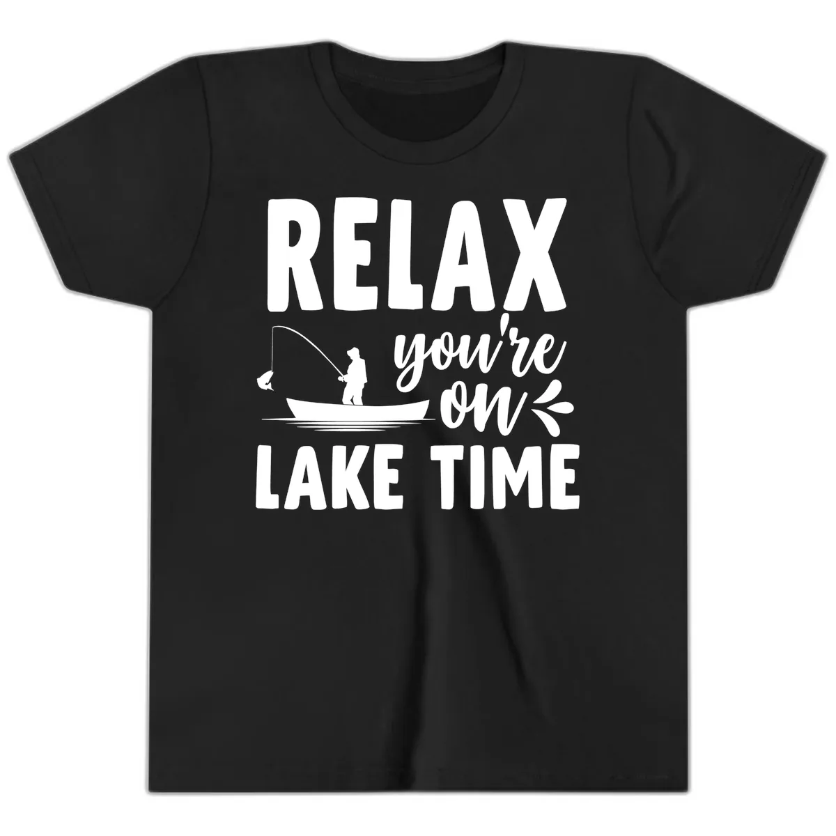 Relax You're On Lake Time Fishing Design Youth T-Shirt in Black