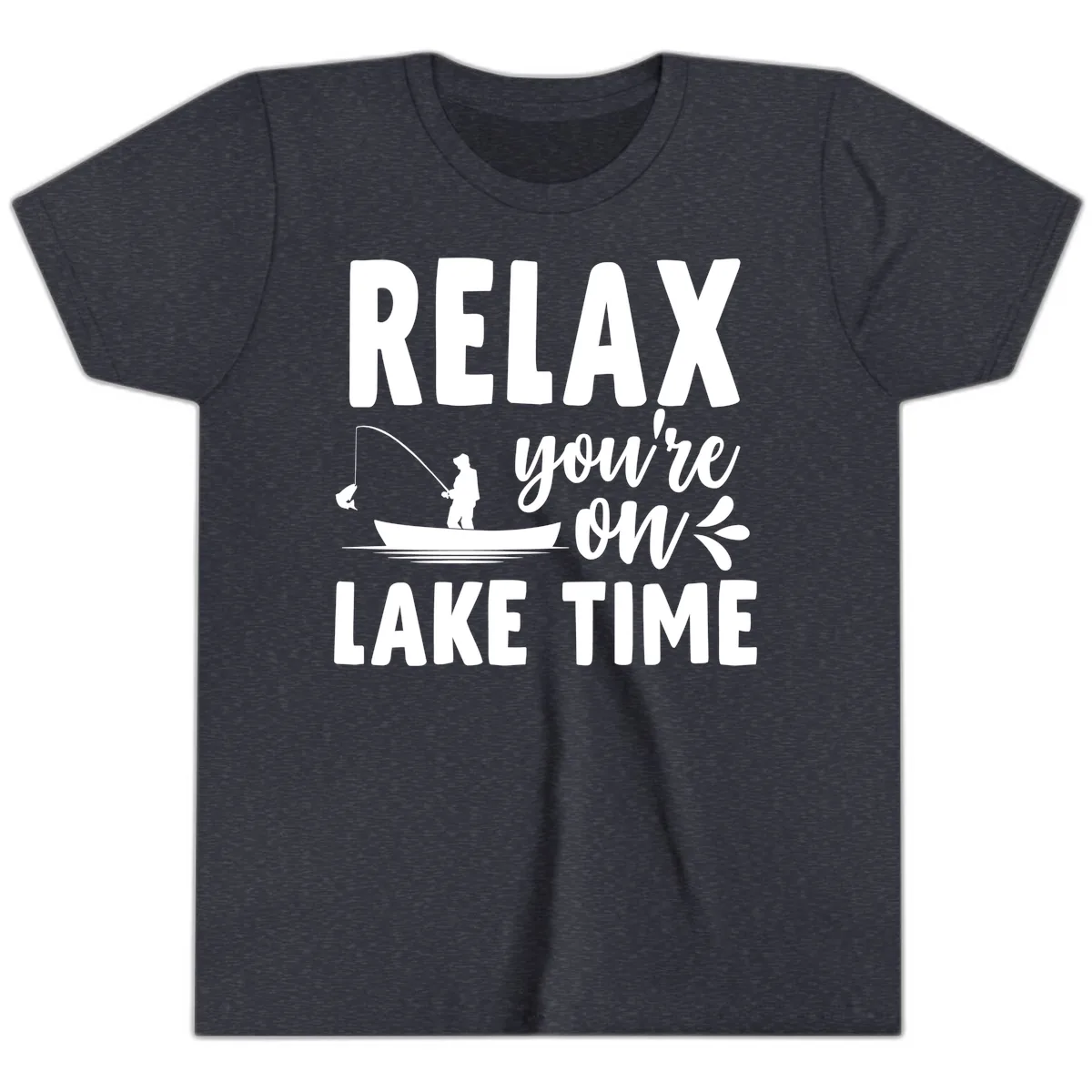 Relax You're On Lake Time Fishing Design Youth T-Shirt in Heather Navy