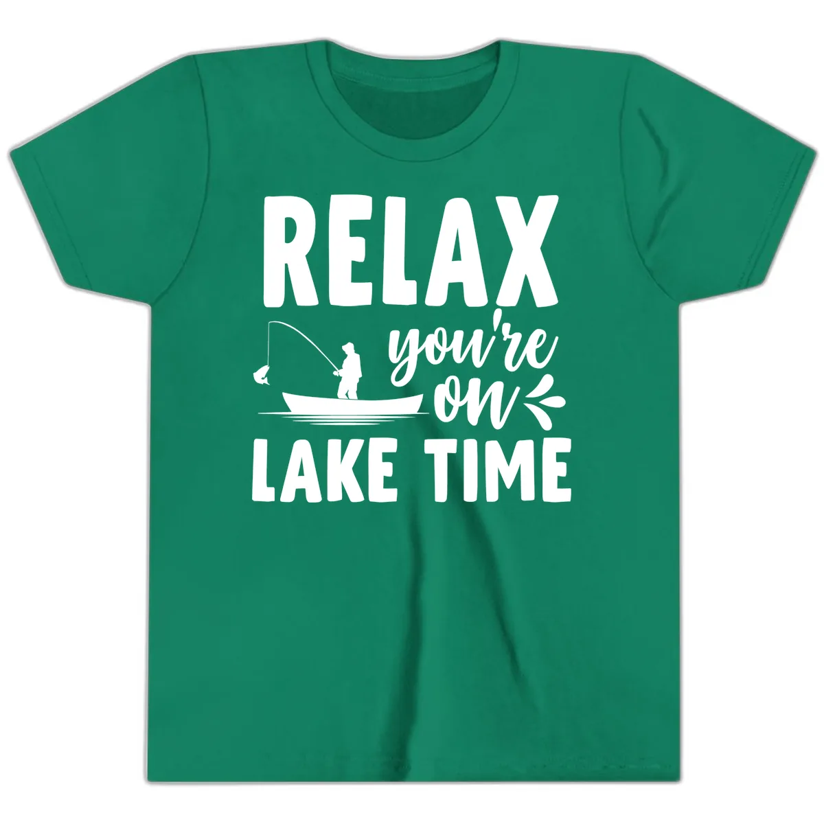 Relax You're On Lake Time Fishing Design Youth T-Shirt in Kelly