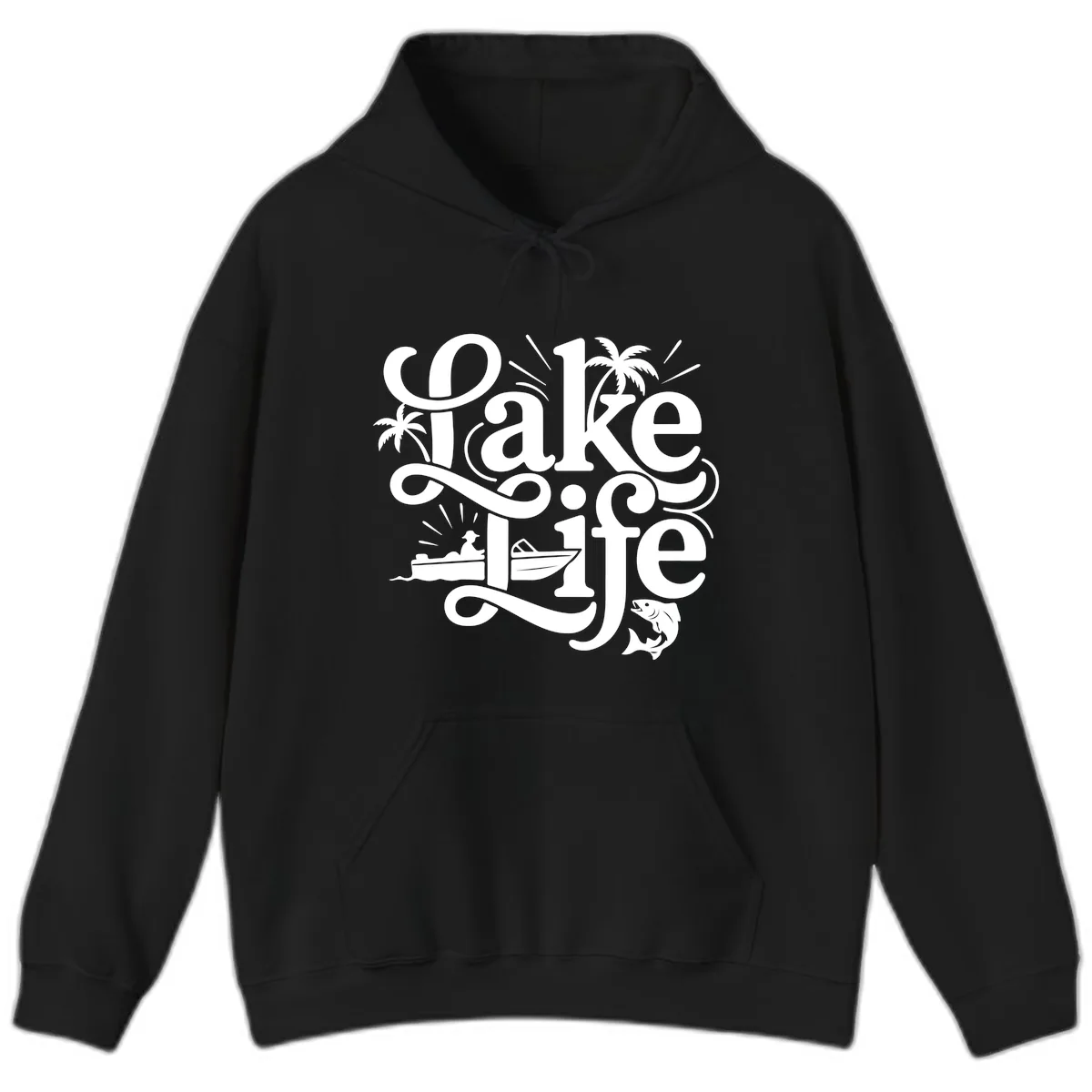 Lake Life Typography Design Hoodie in Black