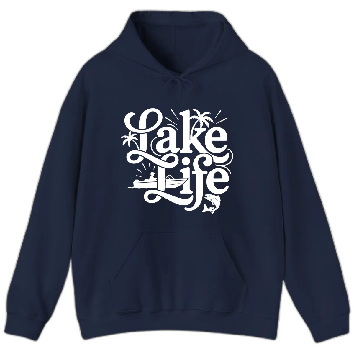 Lake Life Typography Design Hoodie in Navy