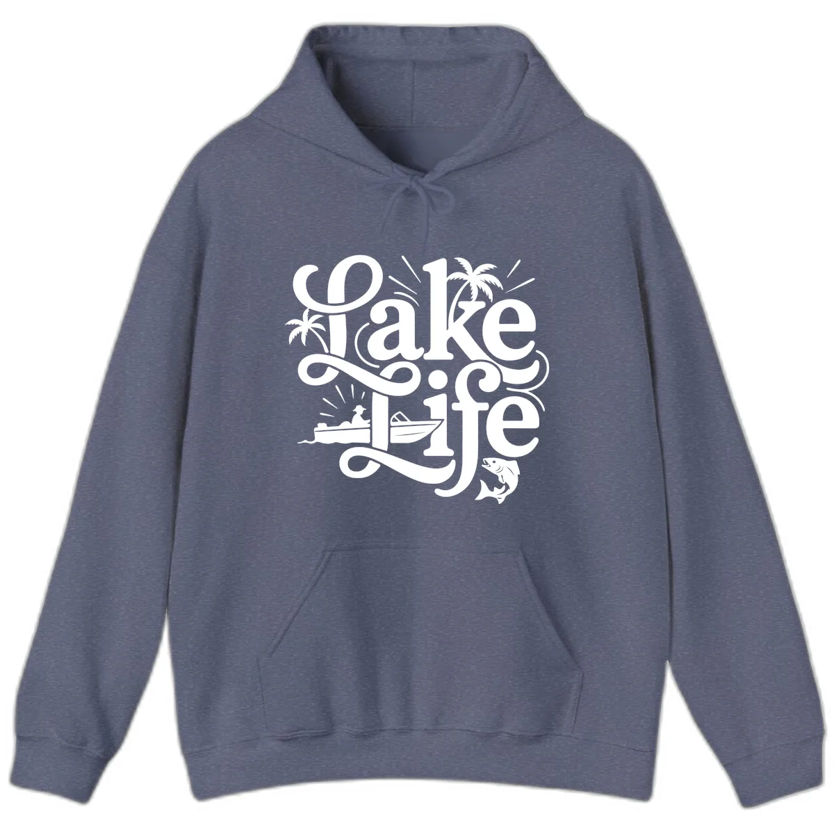 Lake Life Typography Design Hoodie in Heather Navy
