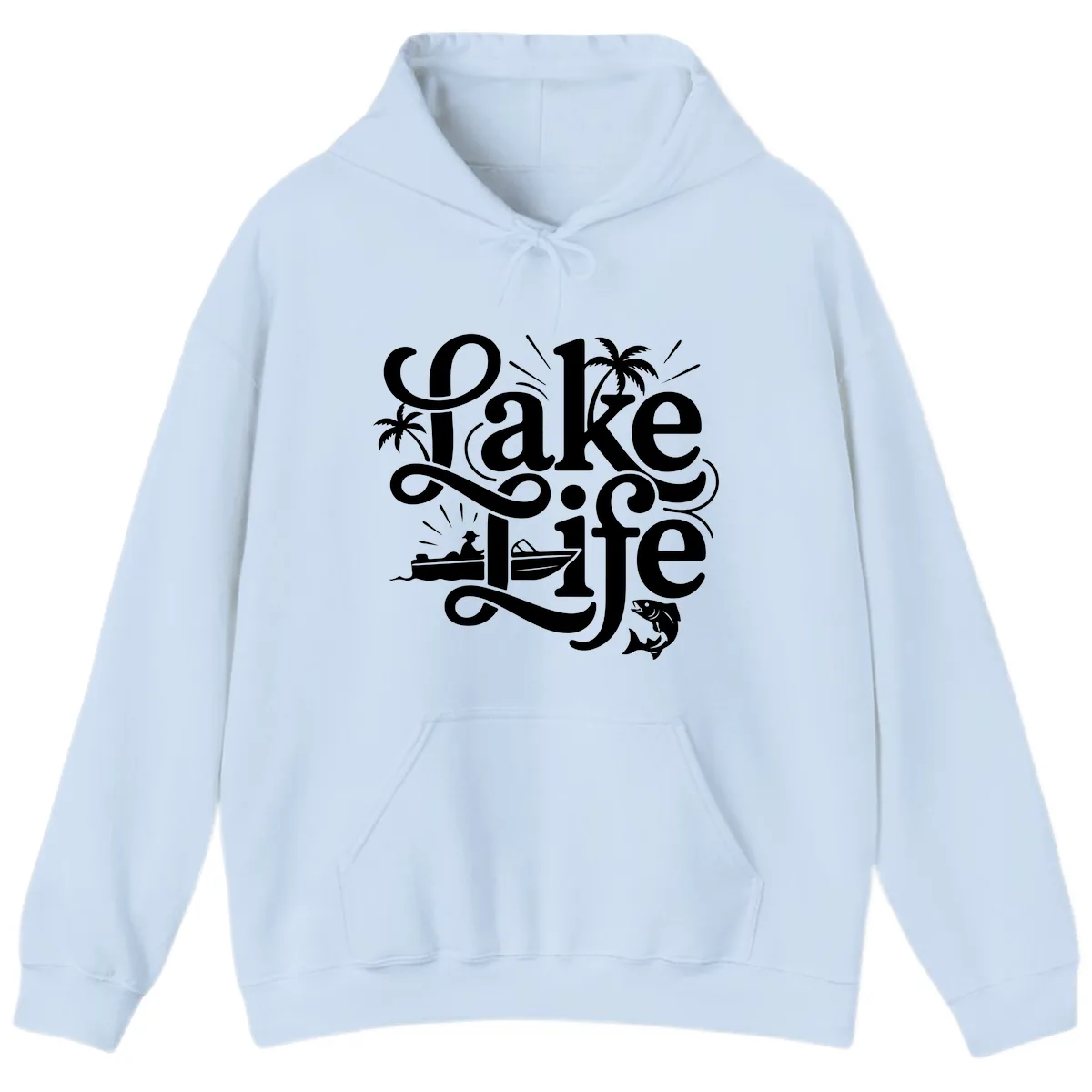 Lake Life Typography Design Hoodie in Light Blue