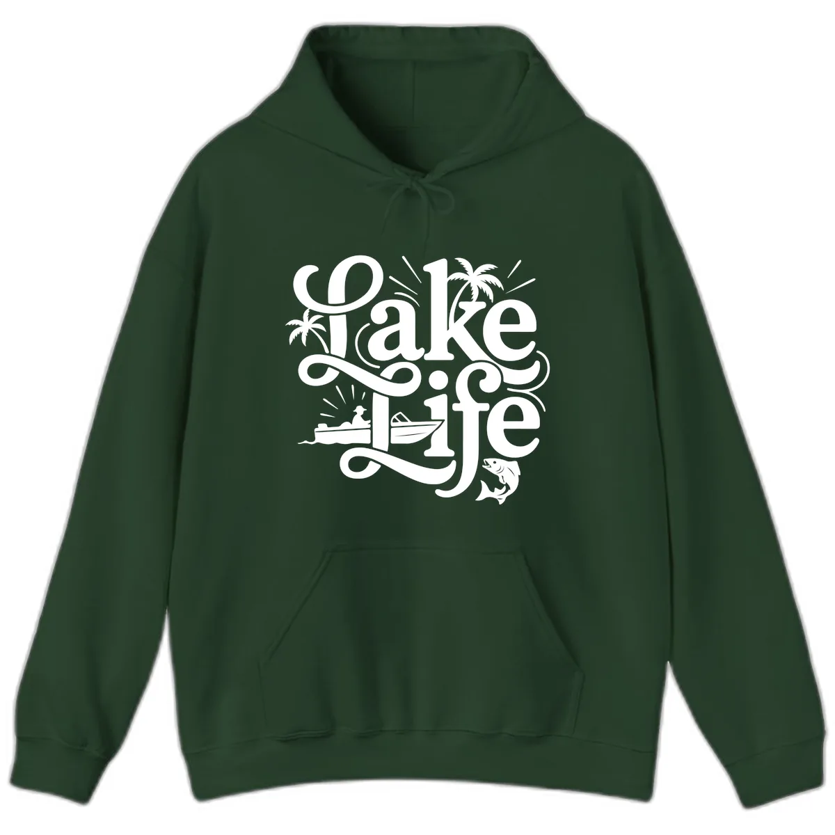 Lake Life Typography Design Hoodie in Forest Green