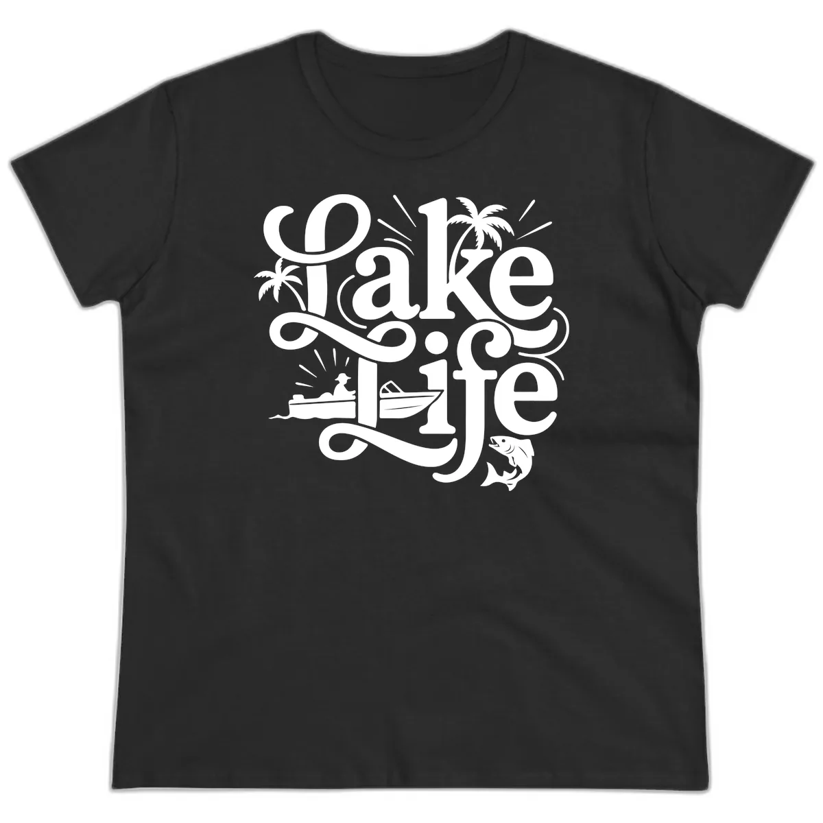 Lake Life Typography Design Ladies Tee in Black