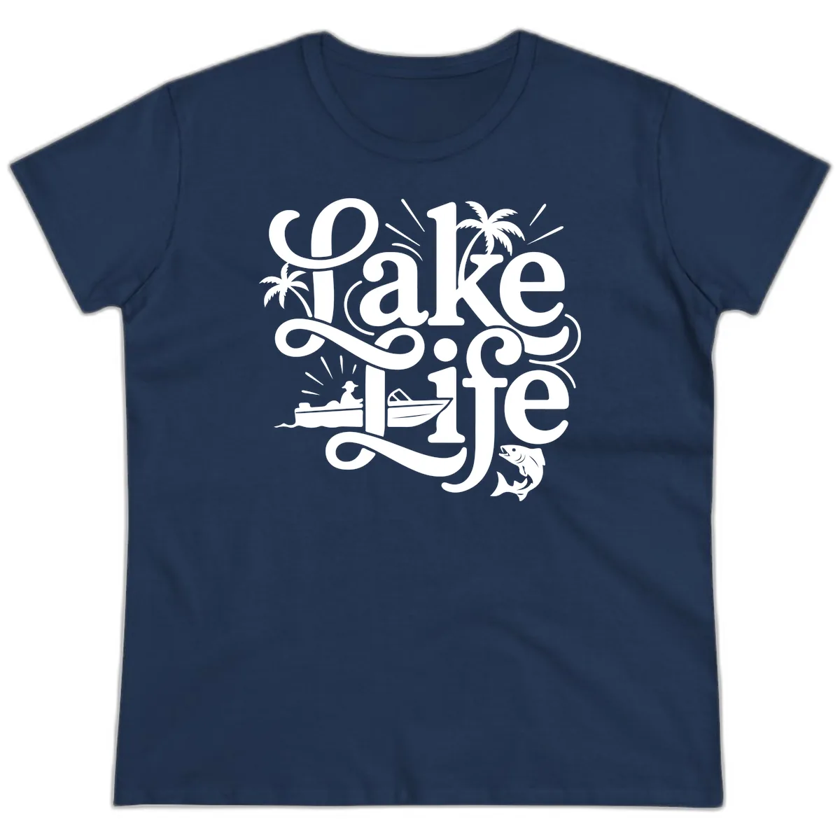 Lake Life Typography Design Ladies Tee in Navy