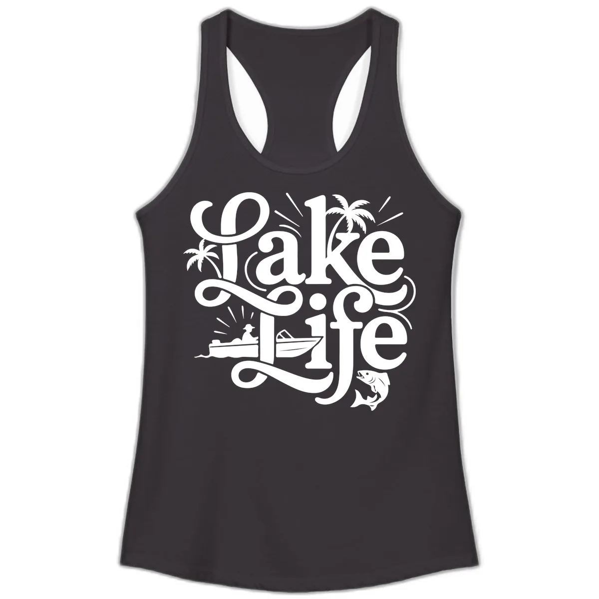 Lake Life Typography Design Ladies Tank in Black