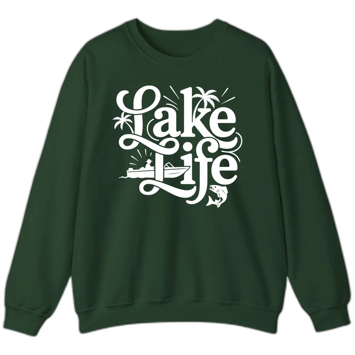Lake Life Typography Design Sweatshirt in Forest Green