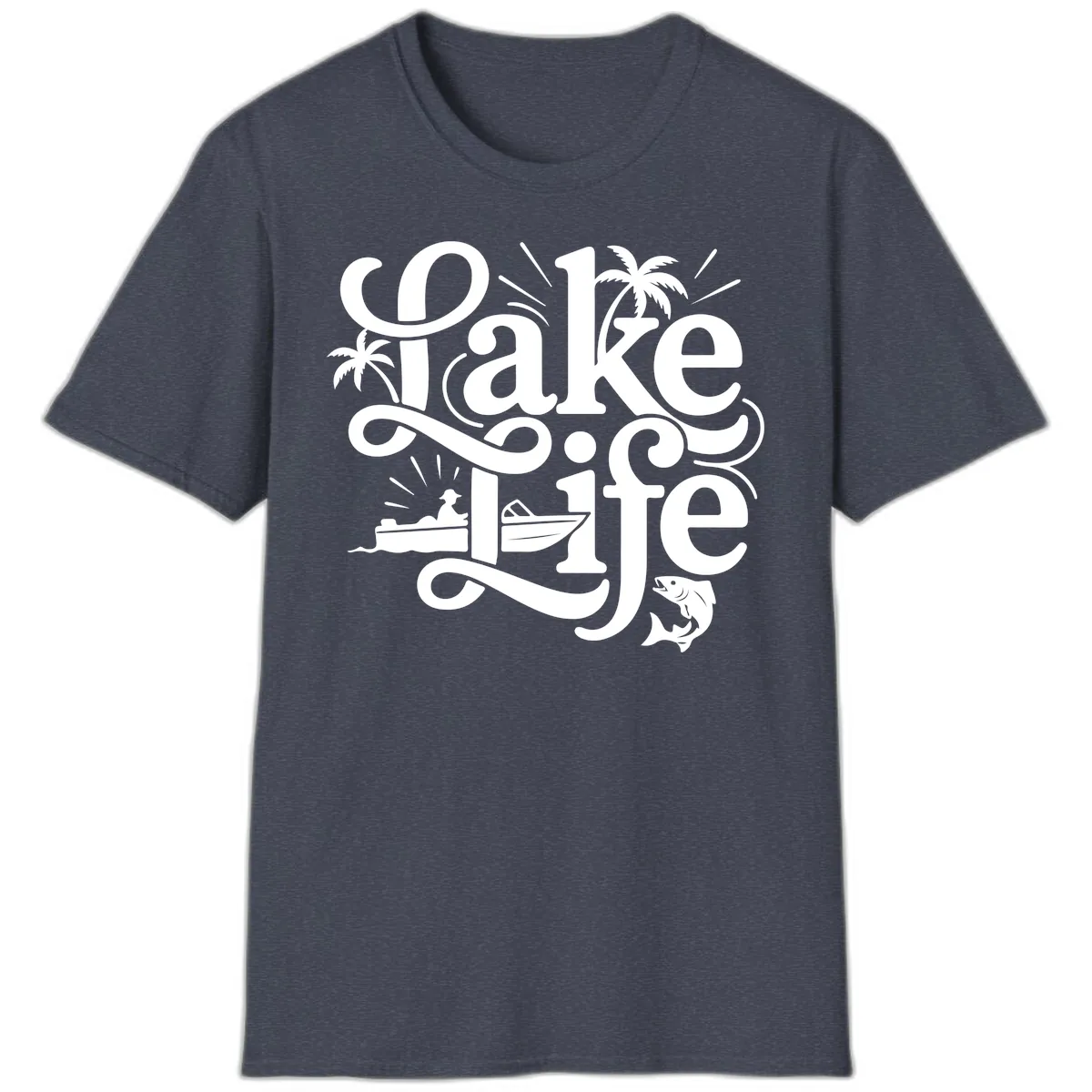 Lake Life Typography Design T-Shirt in Heather Navy